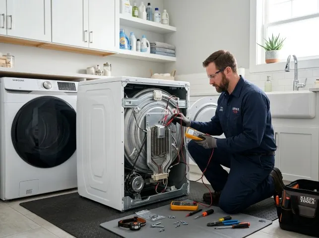 Appliance Repair Hero technician checking a dryer heating element with the rear panel off in Burlington, VT
